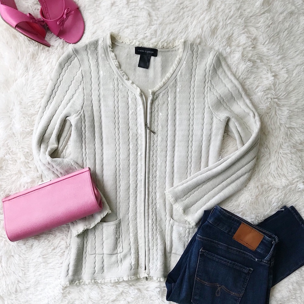 Cable & Gauge cream zip front cardigan size small